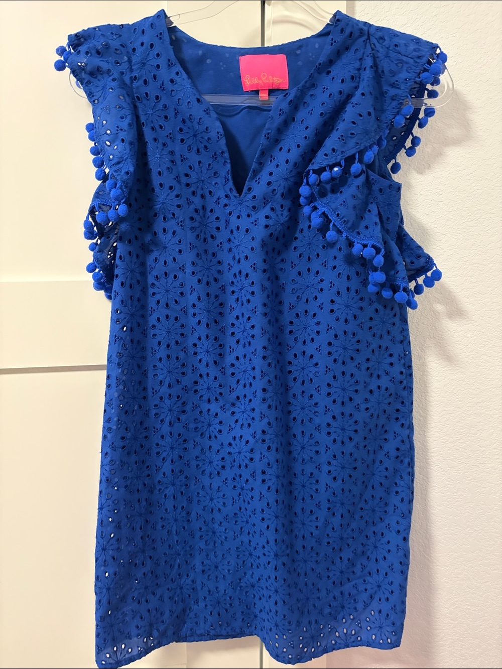 Lilly Pulitzer Astara cobalt Blue Eyelet Pom-Pom Shift Dress XXS
